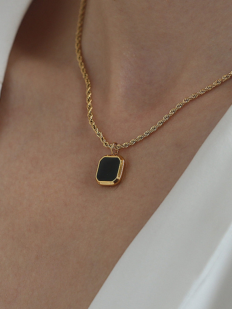 Gold Rope Chain Necklace with Black Square Pendant