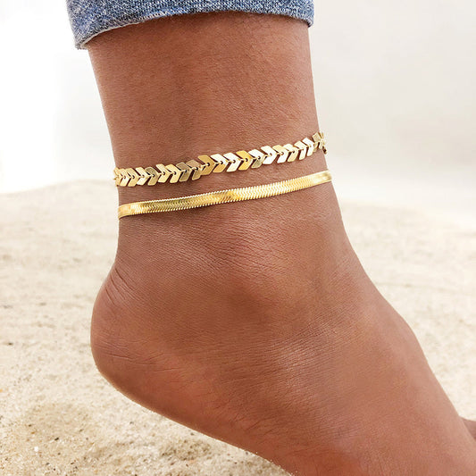 2pc Chevron & Herringbone Gold Anklet Set