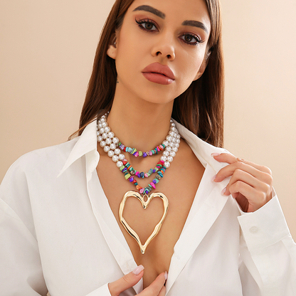 3pc Colorful Pearl Heart Shaped Layered Necklace