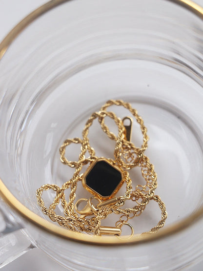 Gold Rope Chain Necklace with Black Square Pendant