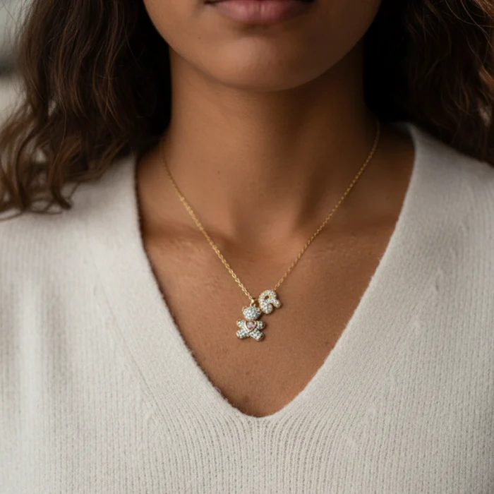 Teddy Mom Necklace with Personalized Letters