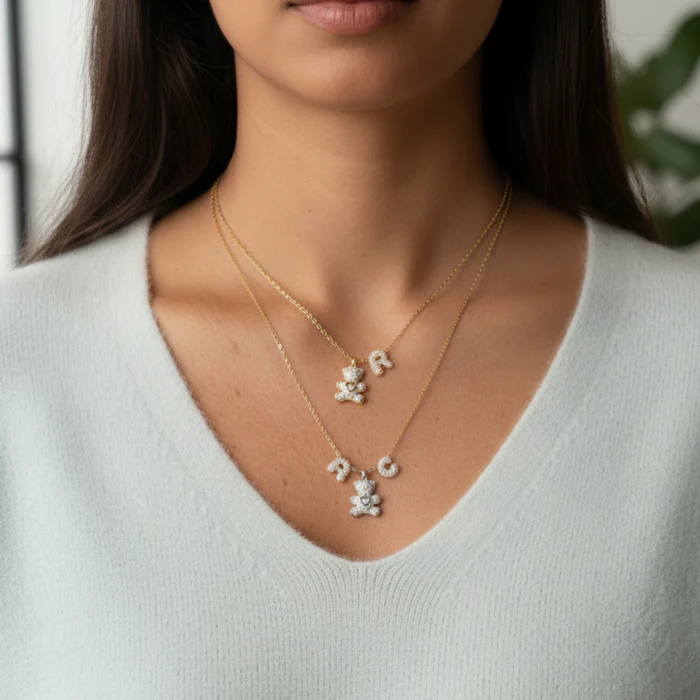 Teddy Mom Necklace with Personalized Letters