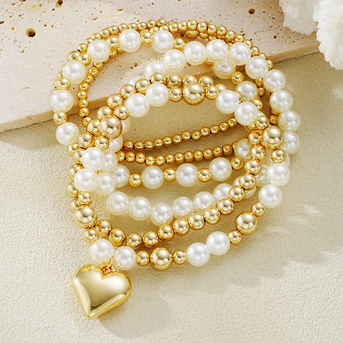 6pc Pearl & Gold Beaded Heart Bracelet Set
