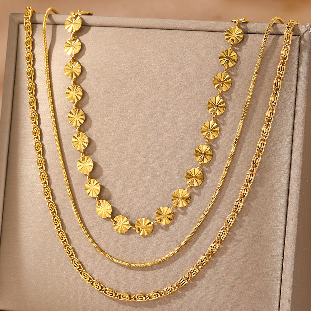 3-Layer Geometric Sunburst & Chain Necklace Set
