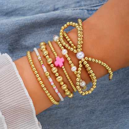 6pc Beaded Pink Cross Bracelet Stack