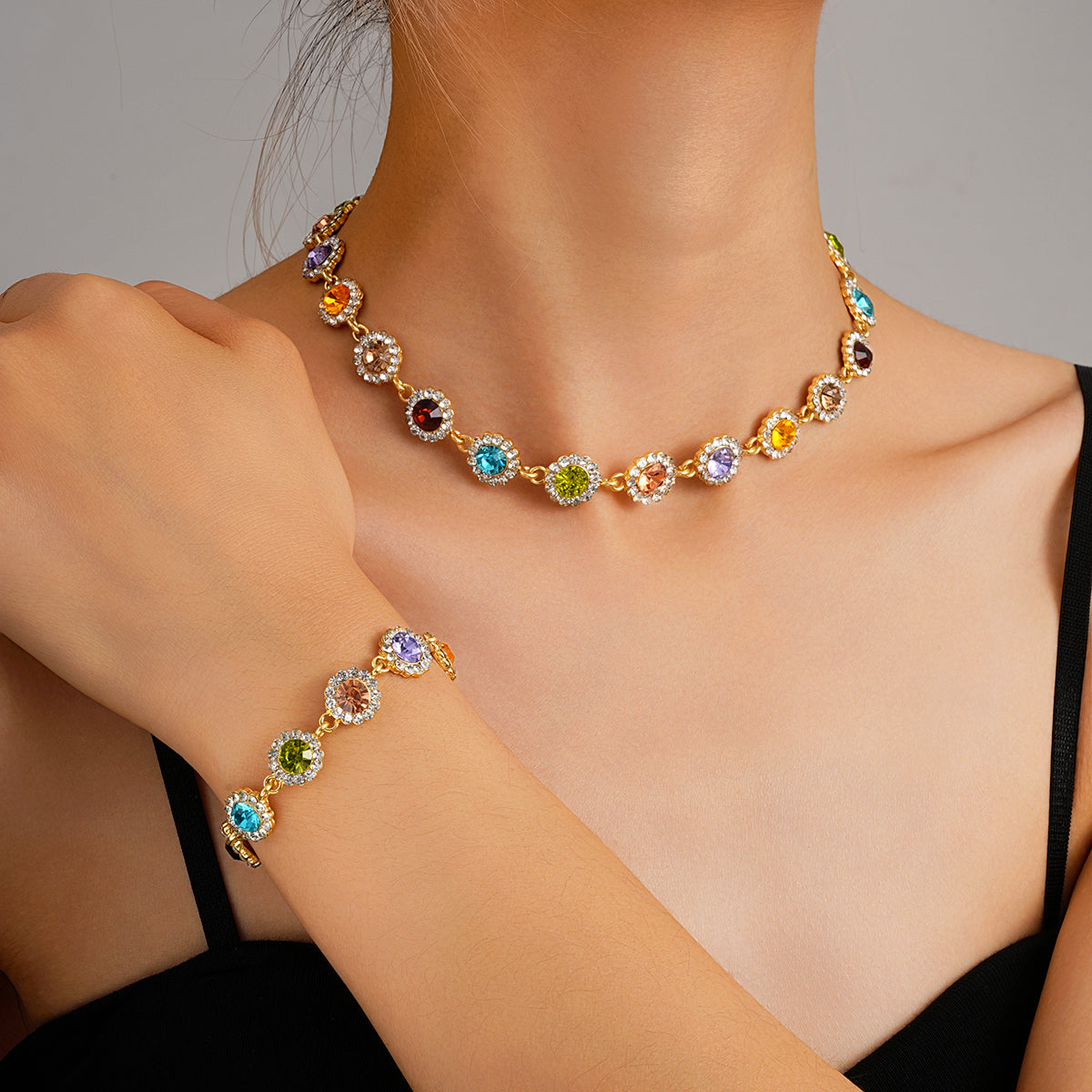 Colorful Crystal Halo Necklace & Bracelet Set