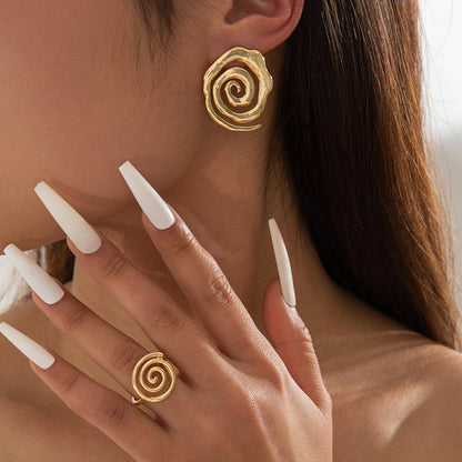 Gold Spiral Stud Earrings & Ring Stack