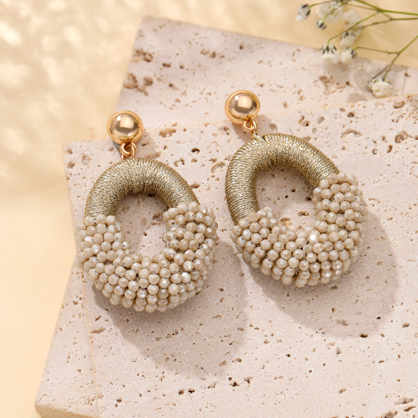 Beaded Gold Cluster Stud Earrings