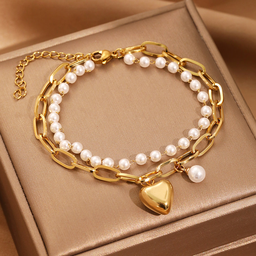 2pc Gold Heart & Pearl Charm Bracelet Set