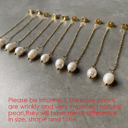 14k Gold Pearl Chain Drop Earrings