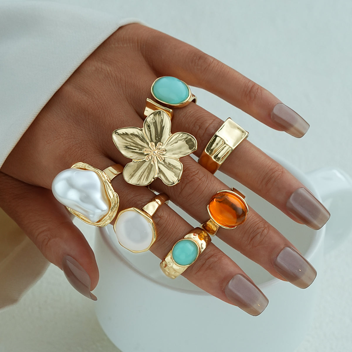 7pc Vintage Acrylic Gemstone Ring Set