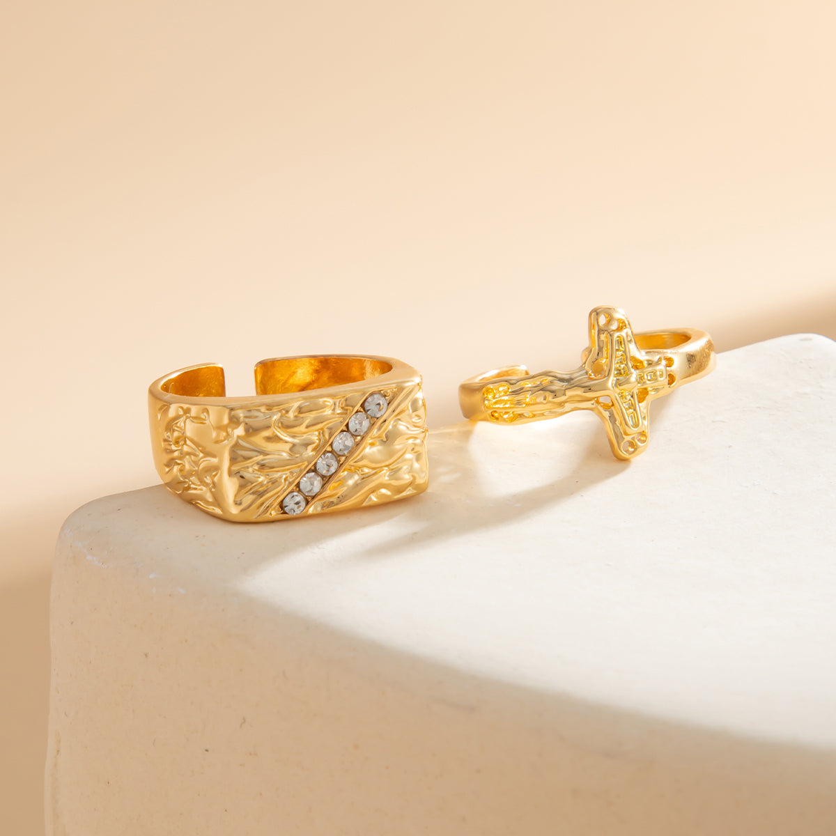 2pc Punk Cross Rhinestone Ring Set