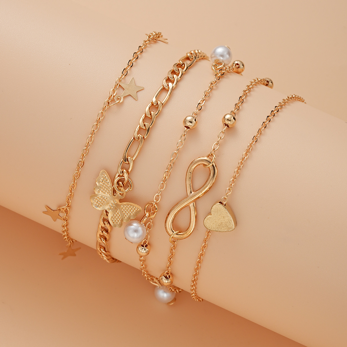 6pc Gold Charm Anklet Set