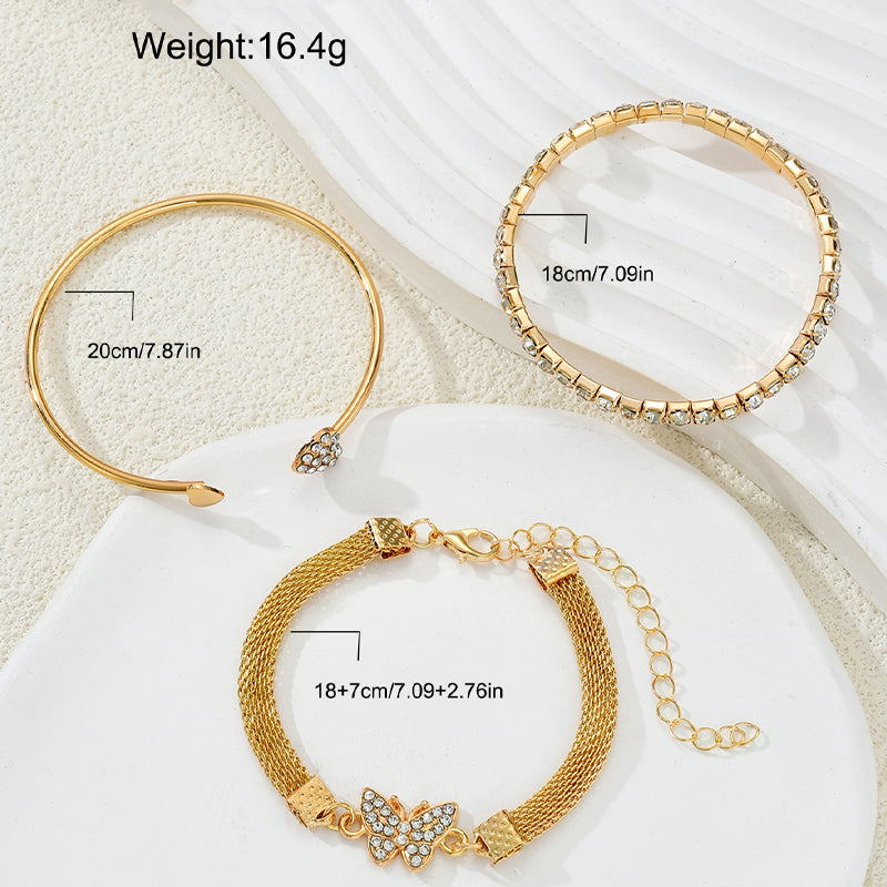 3pc Gold Butterfly & Heart Rhinestone Bracelet Set