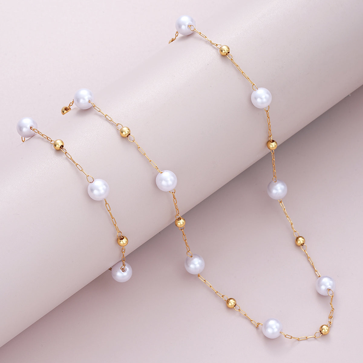 2pc Gold Beaded Pearl Necklace & Bracelet Set