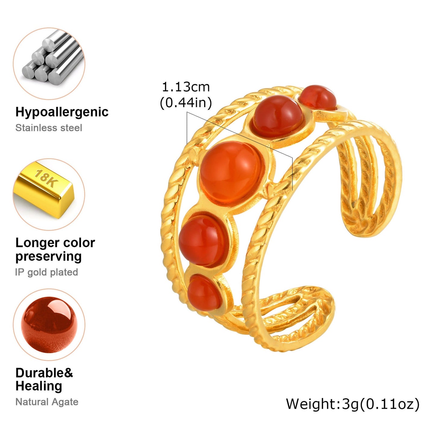 Adjustable Carnelian Stone Stacking Ring