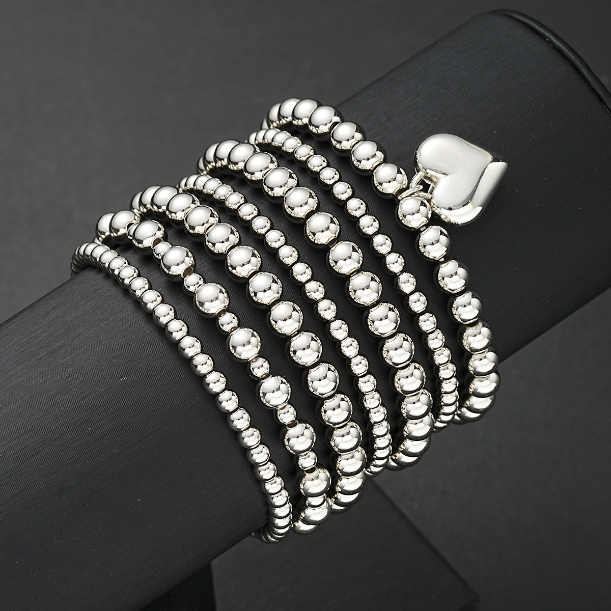 7pc Silver Heart Charm Beaded Bracelet Set