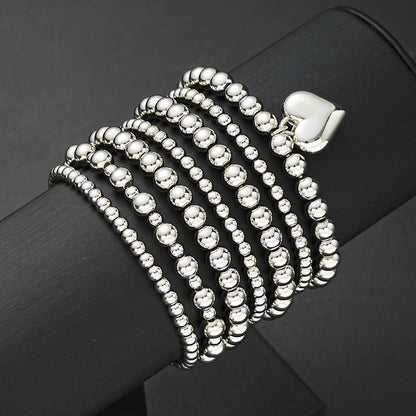 7pc Silver Heart Charm Beaded Bracelet Set