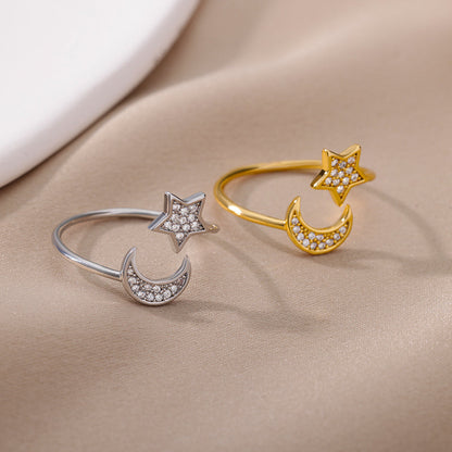 Moon & Star CZ Adjustable Ring