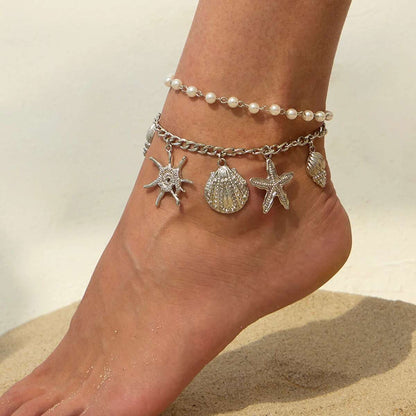 2pc Starfish & Pearl Anklet Set