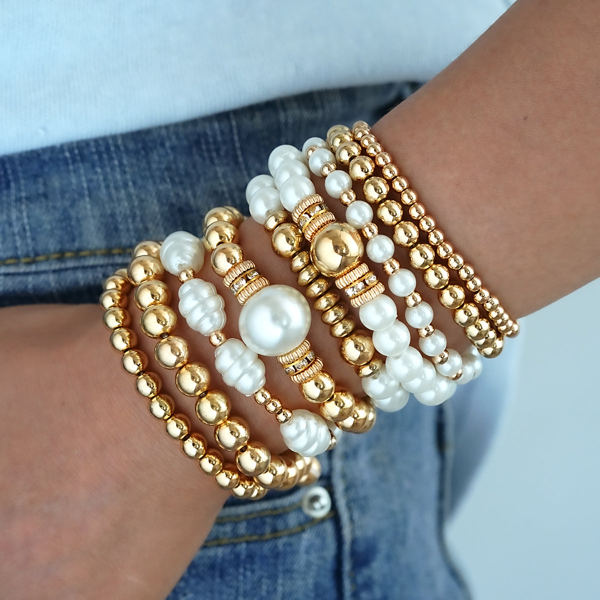 10pc Gold & Pearl Beaded Bracelet Stack