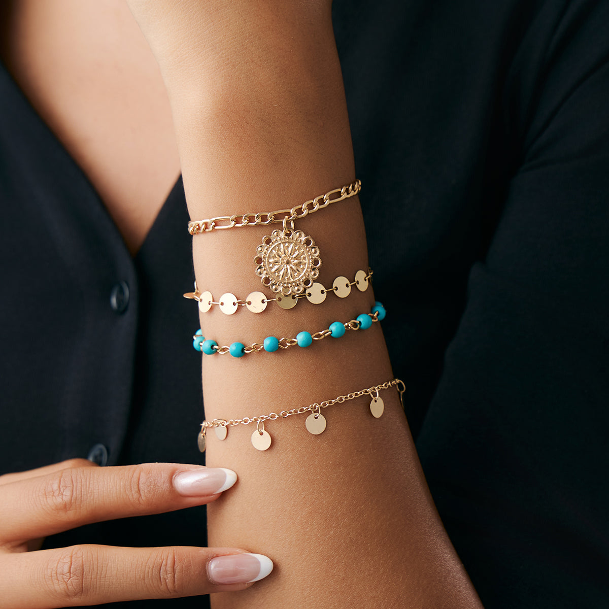 4pc Vintage Sequin & Sun Pendant Bracelet Set