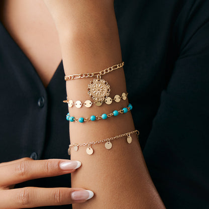 4pc Vintage Sequin & Sun Pendant Bracelet Set