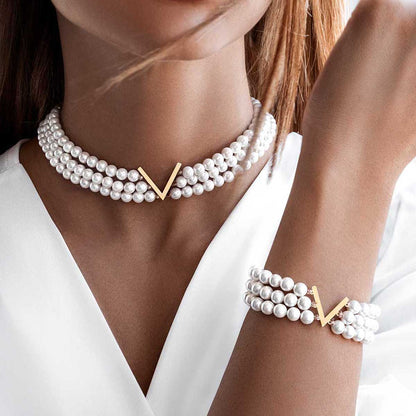 2pc Pearl "V" Choker and Bracelet Set