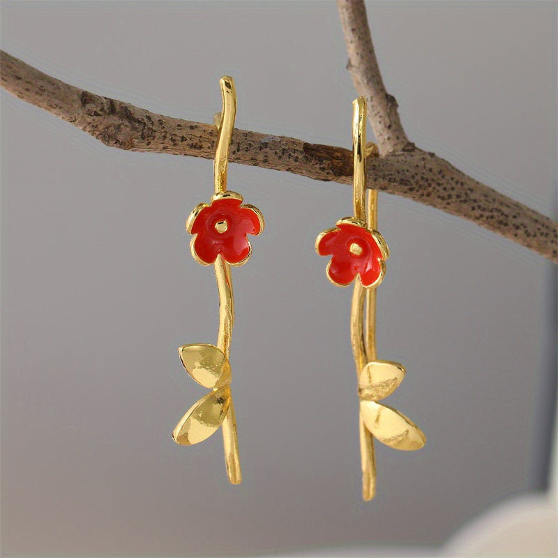 Red Floral Gold Statement Earrings
