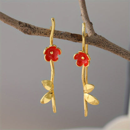 Red Floral Gold Statement Earrings