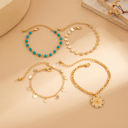 4pc Vintage Sequin & Sun Pendant Bracelet Set