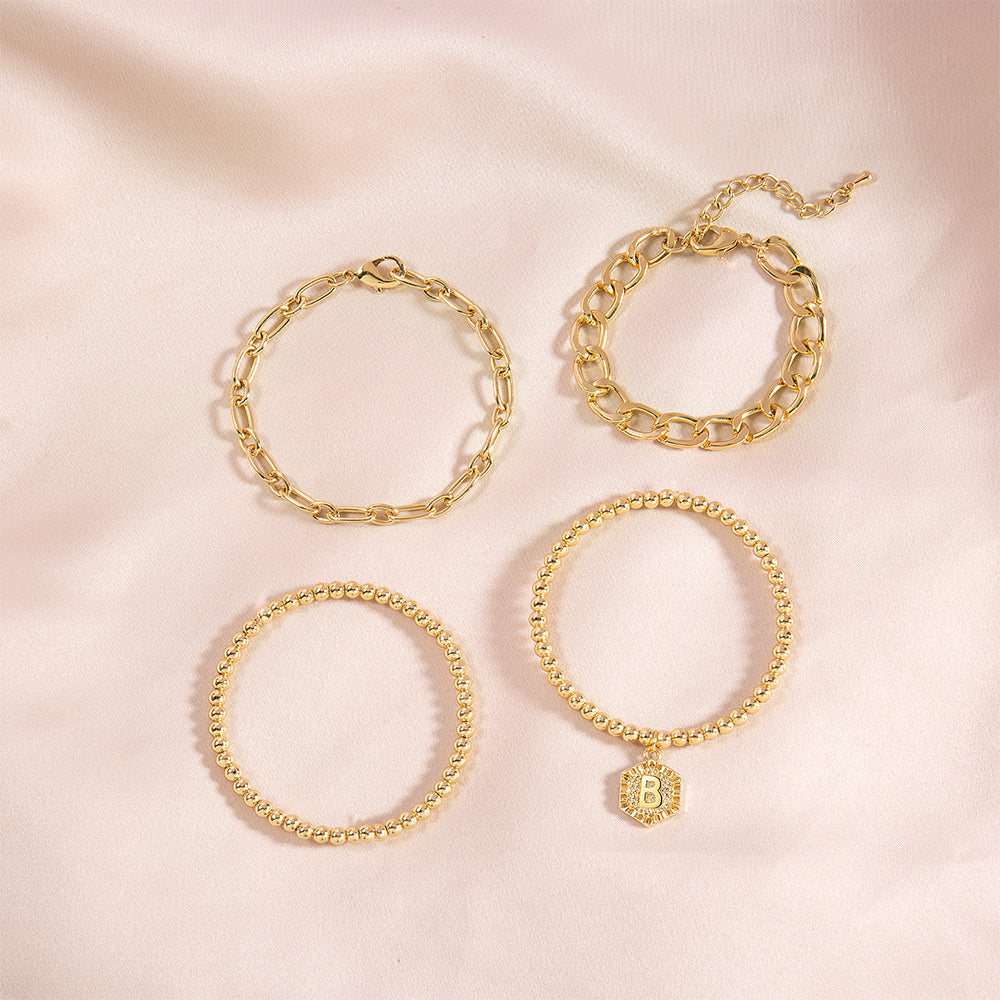 5pc Gold Beaded Chain Bracelet Set with Initial Charm