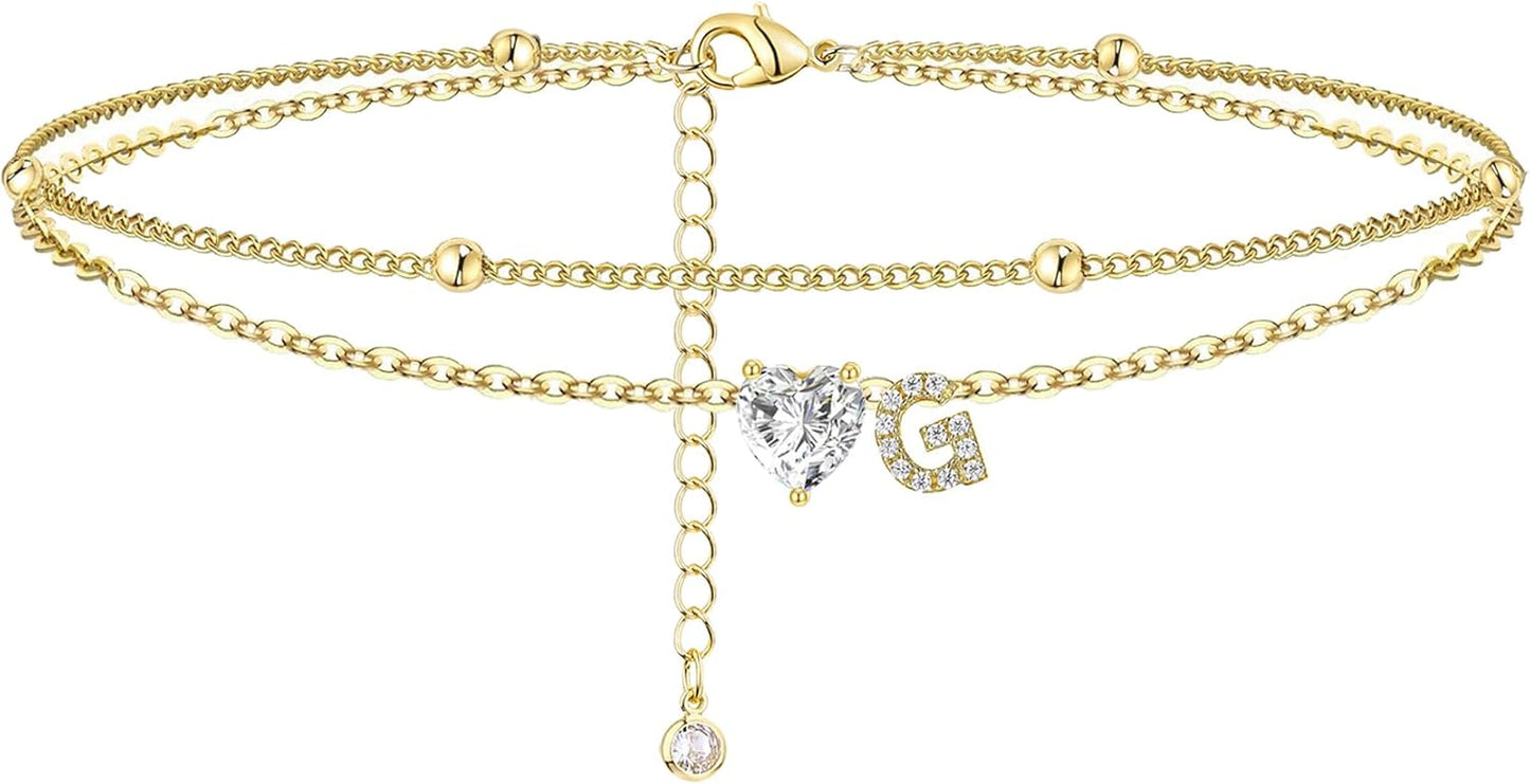 Gold Heart Charm Initial Anklet