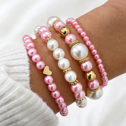 3-Color Boho Pearl & Heart Beaded Bracelet Set