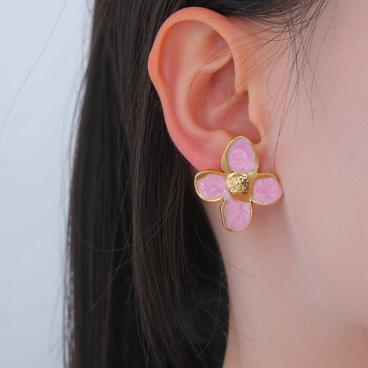 Pink Enamel Flower Stud Earrings