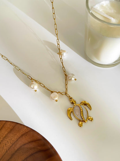 Turtle Pendant Pearl Charm Necklace
