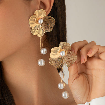 Gold Floral Pearl Drop Earrings