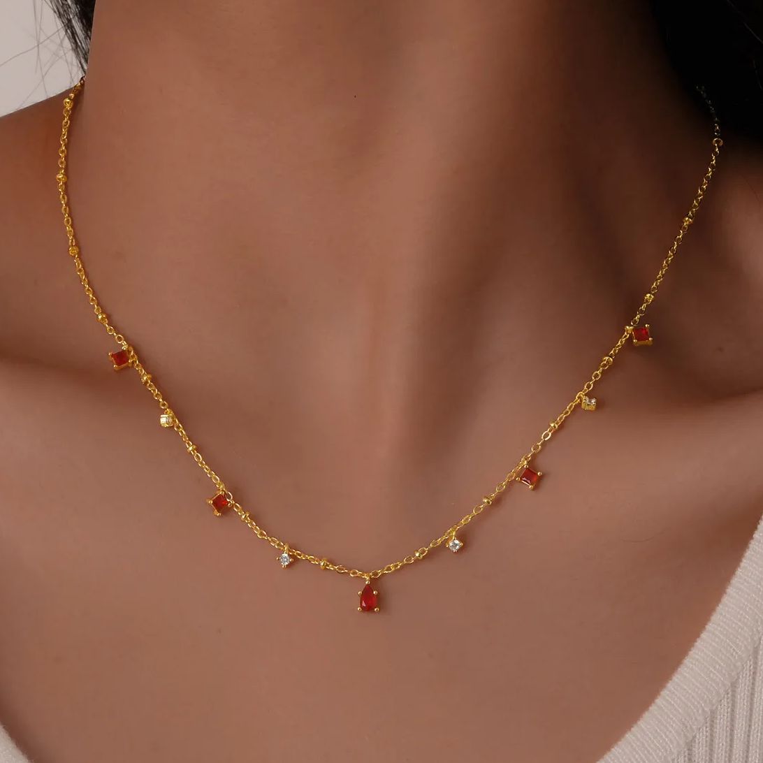 Dainty Red Gemstone Charm Necklace