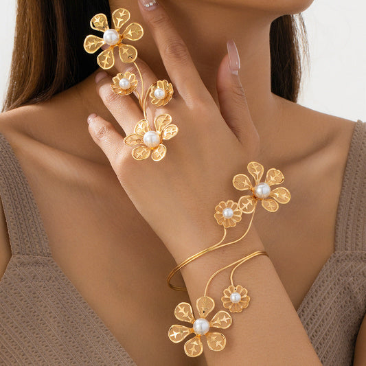 Punk Pearl Flower Bangle & Ring Set
