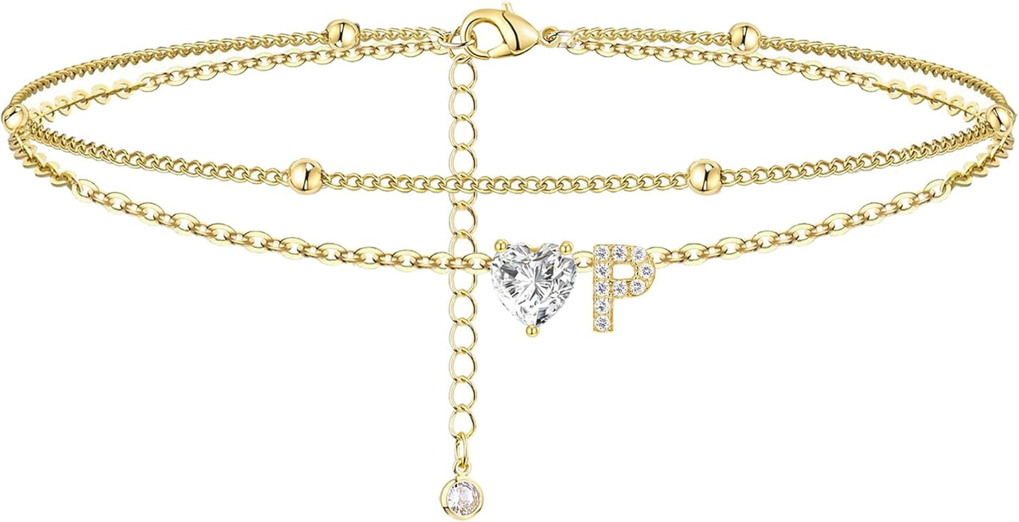 Gold Heart Charm Initial Anklet