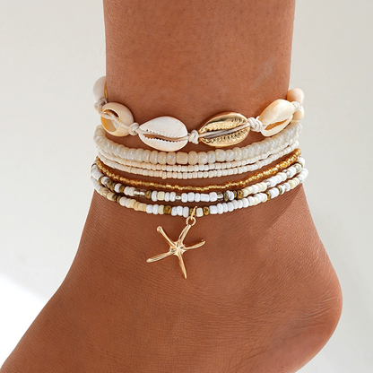 3pc Starfish & Shell Beaded Anklet Set