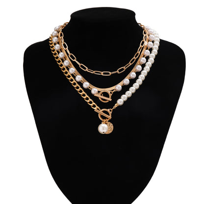 5pc Pearl & Chain Layered Necklace Set