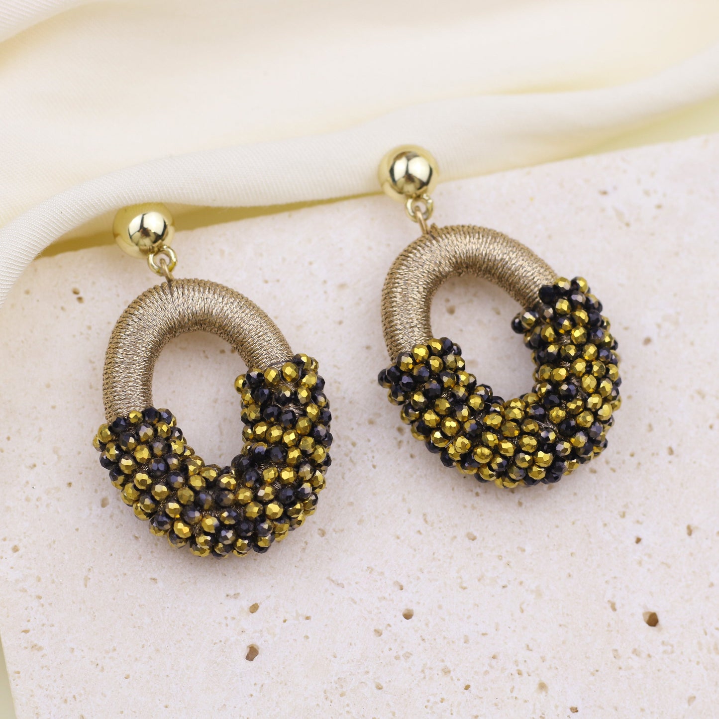 Beaded Gold Cluster Stud Earrings