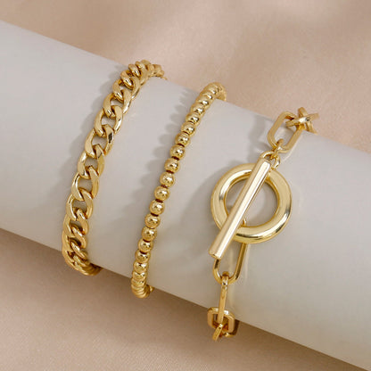 3pc Gold Chain & Toggle Bracelet Set