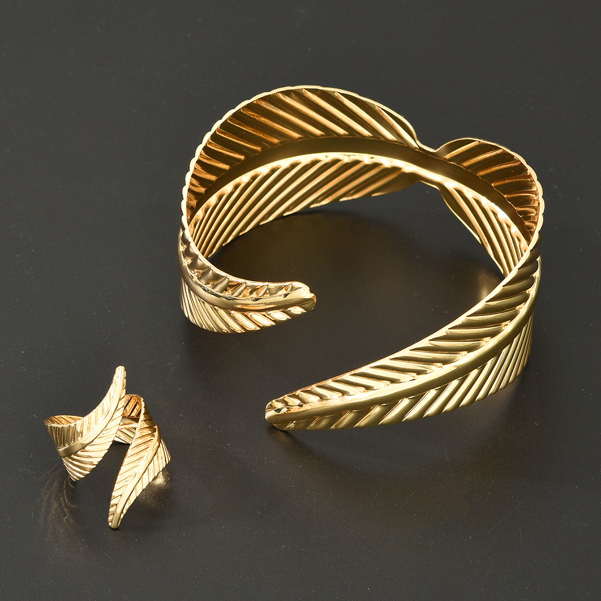 2pc Leaf & Cross Bracelet Ring Set