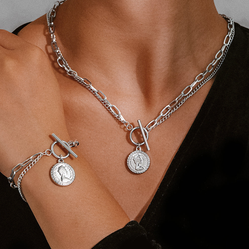Coin Pendant Chain Necklace & Bracelet Set