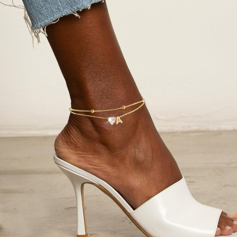 Gold Heart Charm Initial Anklet