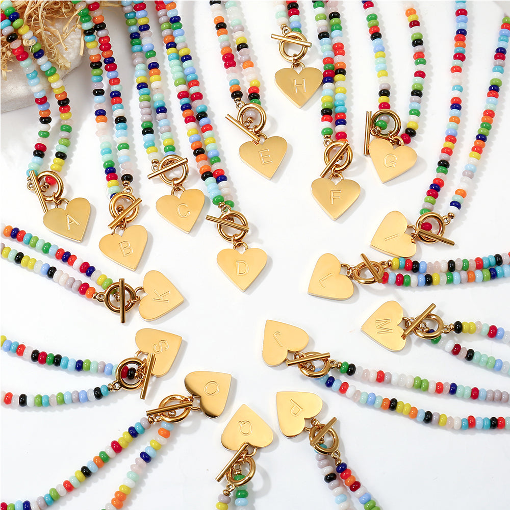 Beaded Heart Initial Pendant Necklace