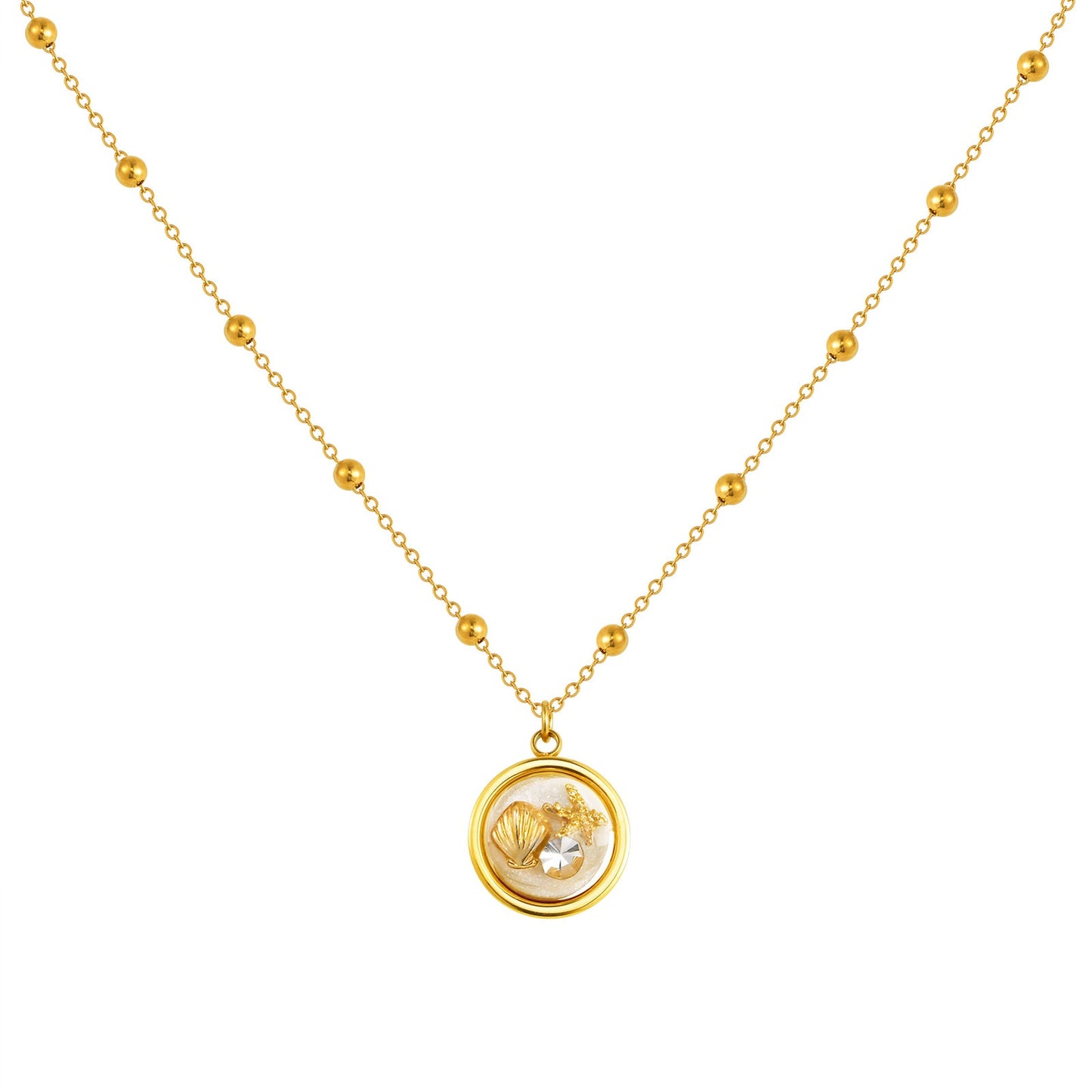Gold Shell Charm Necklace with Crystal Pendant