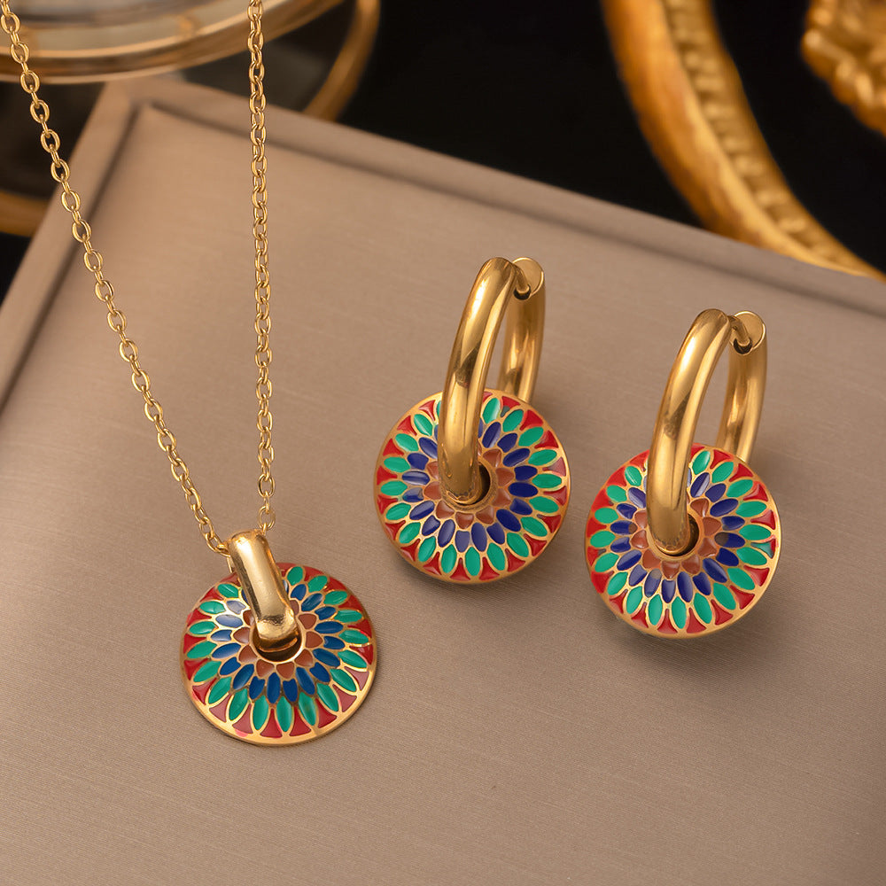 Colorful Enamel Medallion Necklace & Hoop Earrings Set